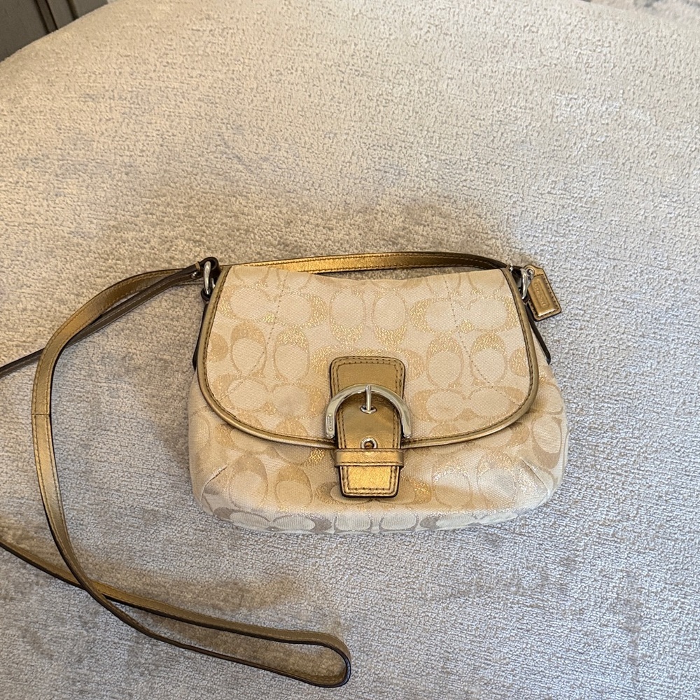 Y2K Coach Beige Canvas Crossbody with Glitter Gold Trim
